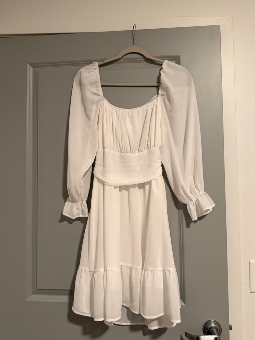 White Long-Sleeve Smocked Waist Dress